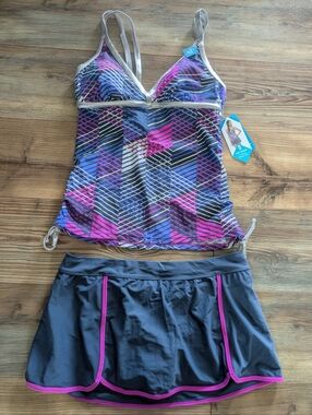 Free Country Tankini & Skort UPF 50 2 Piece Swim Set Raspberry Slate LRG